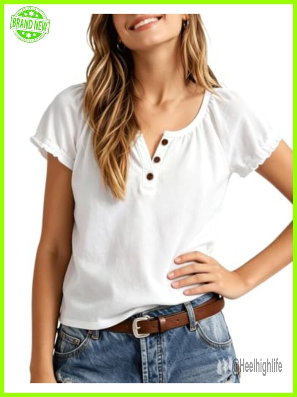 Women's Ruffle Short Sleeve Half Button Henley Tee Ruched Cuff Casual Top